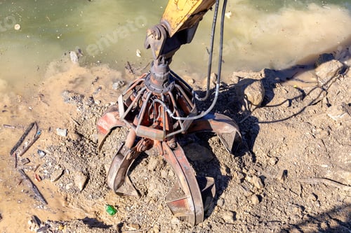 Preview: Hydraulic Multi Valve Crab Bucket From River Barge, Working On River Revetment At Construction