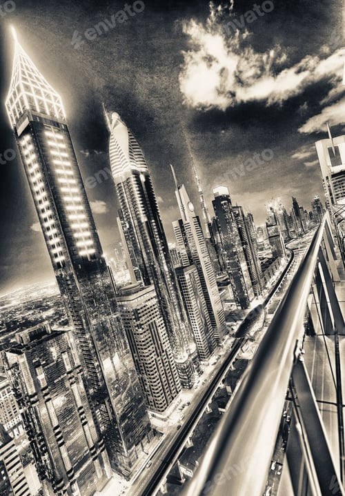 Preview: Downrtown Skyline Along Sheikh Zayed Road At Night, Dubai.