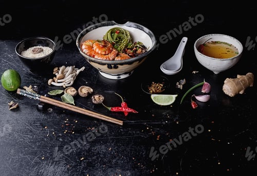 Preview: Green Tea Soba Noodles Served With Shrimps, Shiitake Mushrooms And Spicy Broth. Decorated With