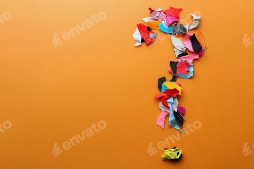 Preview: Question Mark Made From Pieces Of Torn Colored Paper, Abstract Background With Copyspace For Text