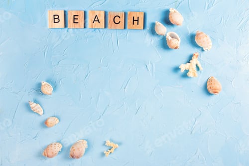 Preview: Marine Or Nautical Decorations On Blue Textured Background. Word Beach From Wooden Blocks And