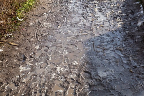 Preview: Very Dirty Pedestrian Area With Puddles And Footprints. Background . The Soggy Soil Of A Village