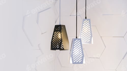 Preview: Empty Room Interior With Concrete White Wall, Modern Three Lamps.
