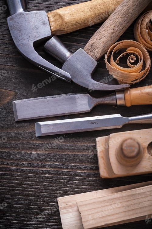 Preview: Joiner�?S Tools And Curled Shavings On Vintage Wood Board Construction Concept.