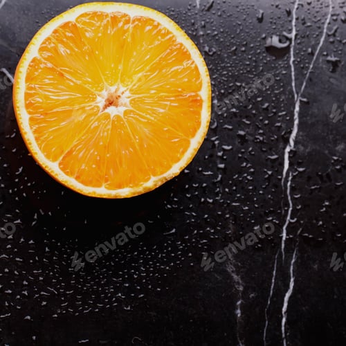 Preview: Bio Orange Cut In Half On Marble Board. Top View. Square Image