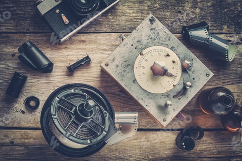 Preview: Developing Tank With Its Film Reels, Photo Film Rolls, Cassette, Retro Camera, Timer, And Chemical