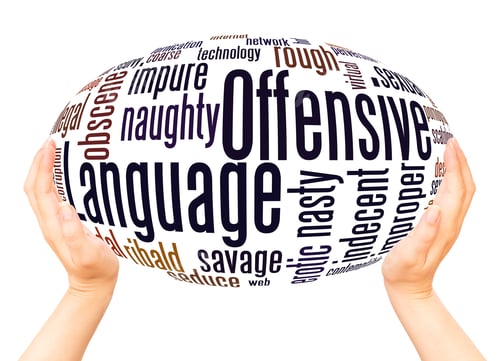 Preview: Offensive Language Word Cloud Hand Sphere Concept On White Background.