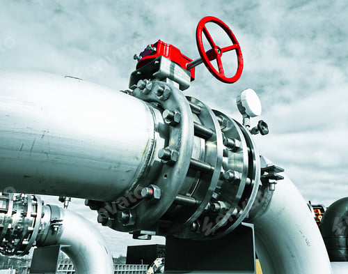 Preview: Industrial Zone, Steel Pipelines And Valves Against Blue Sky