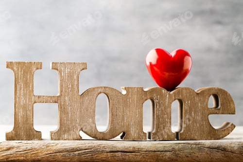 Preview: Home. Decor Home. Message Written In Heart Wooden Blocks.