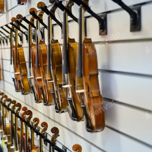 Preview: Sale Of Violins In The Store Of Stringed Musical Instruments, Close-Up.