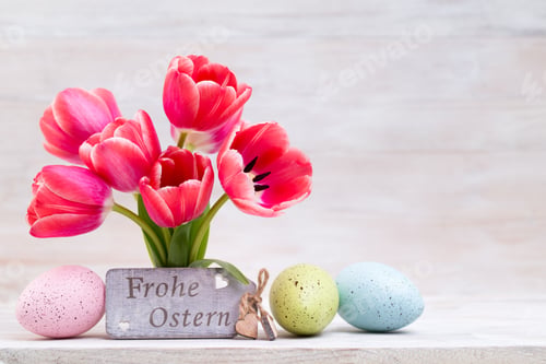 Preview: Pink Tulips, Spring Flowers And Easter Decoration.