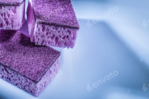 Preview: Violet Dishwashing Sponges On White Surface.
