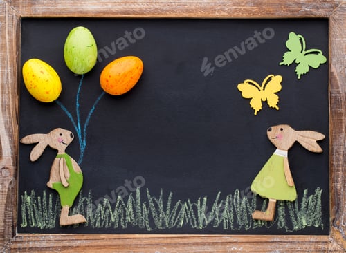 Preview: Spring And Easter Decor. Wooden Symbols Bunny, Flowers And Butterflies.