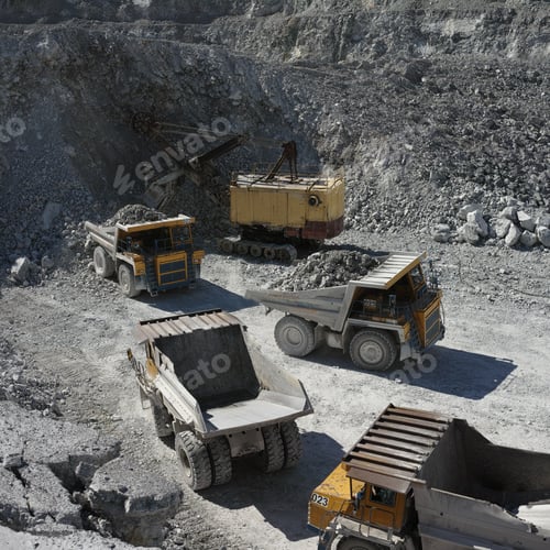 Preview: Several Dump Trucks Are Queuing At An Excavator To Loading Rock In A Shale Quarry, Square Image.