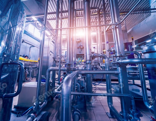 Preview: Modern Interior Of A Brewery. Barrels And Pipes. Factory Interior. Industry Background