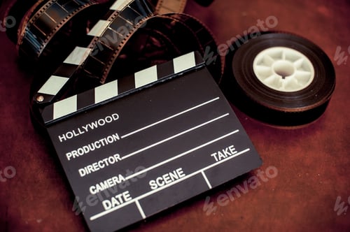 Preview: Movie Clapper Board And Filmstrip Selective Focus And Vintage Color Effect