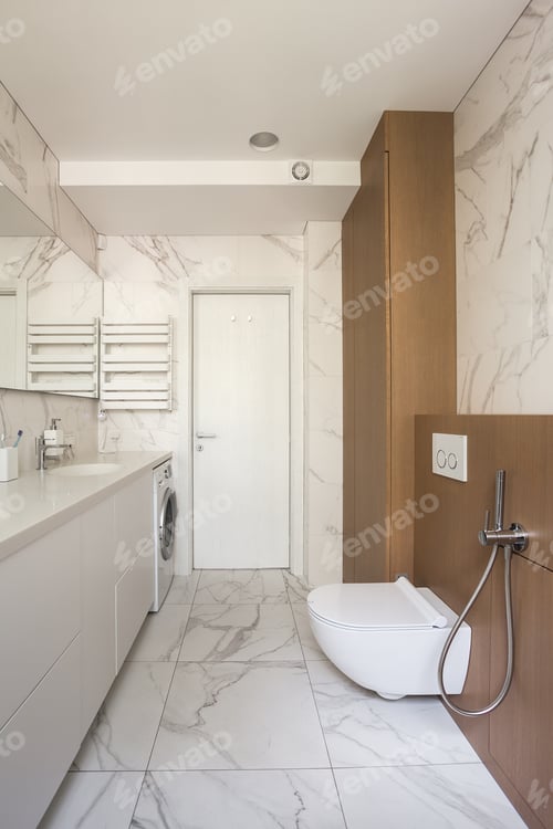 Modern Bathroom Interior With Marble Walls and Wood