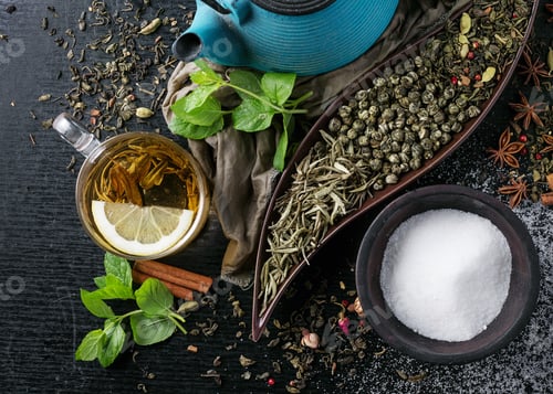 Preview: A Cup Of White Tea Served With Lemon, Mint And Various Spices. Top View