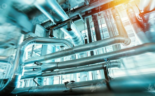Preview: Industrial Factory. Various Mechanisms And Metal Pipes. Toned Image. Motion Blur Effect.