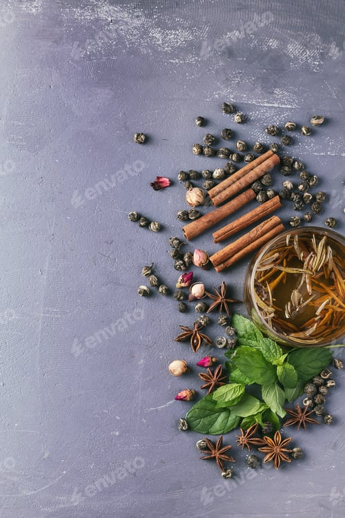 Preview: A Cup Of White Tea Served With Lemon, Mint And Various Spices. Top View.