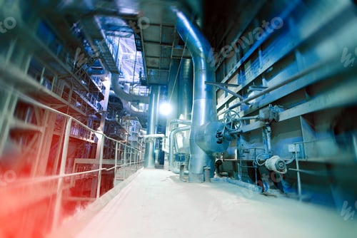 Preview: Industrial Factory. Various Mechanisms And Metal Pipes. Toned Image. Motion Blur Effect.