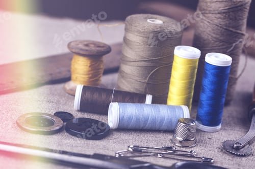 Preview: Sewing Instruments, Threads, Needles, Bobbins And Materials. Studio Photo