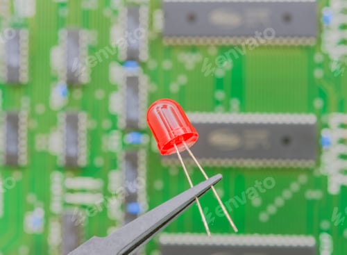 Preview: Electronic Component Held With Tweezers Over A Green Motherboard