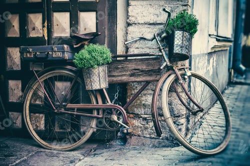 Preview: Vintage Stylized Photo Of Old Bicycle Carrying Flower Pots And Suitcase As Decoration, Wooden Plank