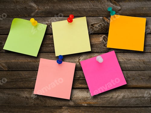 Preview: Multicolored Stickers And Notes And Drawing Pins At The Wooden Background