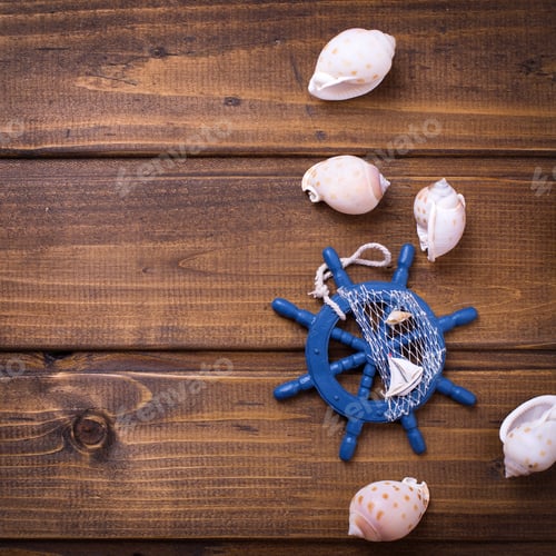 Preview: Decorative Helm And Marine Items On Wooden Background. Selective Focus. Place For Text. Square