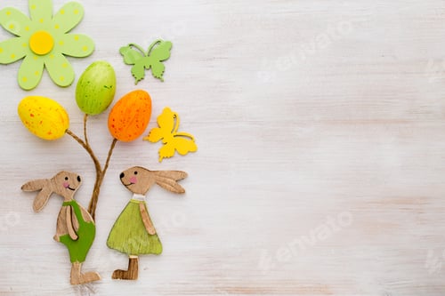 Preview: Spring And Easter Decor. Wooden Symbols Bunny, Flowers And Butterflies.