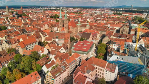 Preview: Nuremberg, Germany. Drone Aerial View From A Vantage Viewpoint Along City River.