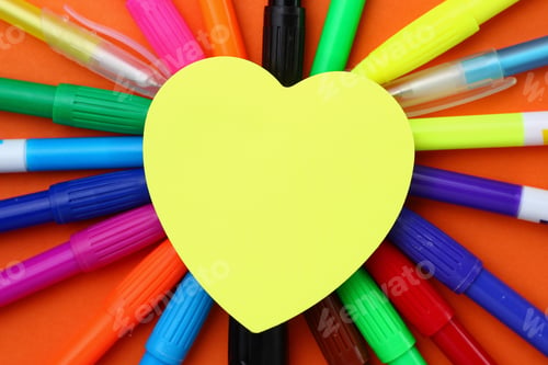 Preview: Sticker In The Shape Of A Heart Surrounded By Multi-Colored Markers. Space For Inscription Or Text.