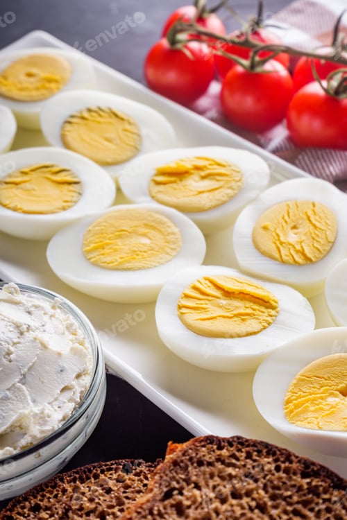 Preview: Boiled Chicken Eggs On A Dark Stone Background