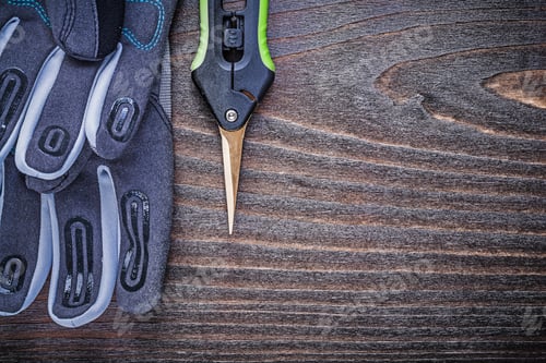 Preview: Working Safety Gloves Clippers On Wood Board Gardening Concept.