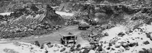 Preview: Industrial Landscape, Mining Machines During Quarrying In A Lime Quarry, Black And White Panorama