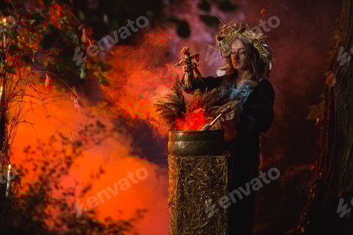 Preview: Woman Sitting In Burning Pentagram Circle, Magic