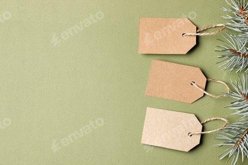 Preview: Cardboard Tags, Fir Branches With Space For Text On Green Background