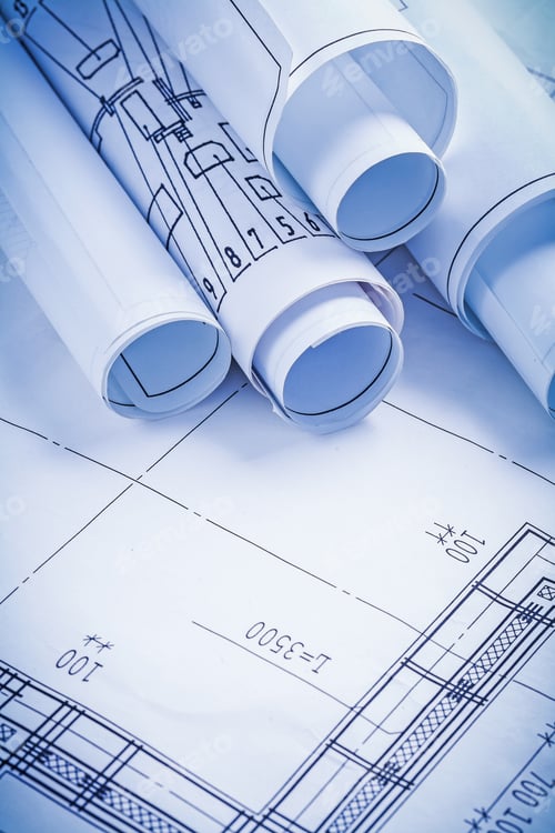 Preview: Close Up View Stack Of White Construction Blueprints