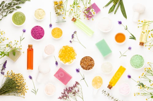 Preview: Spa Aromatherapy Floral Background, Flat Lay Of Various Beauty Care Products Decorated With Simple