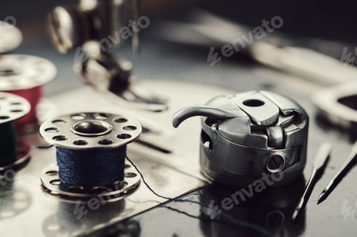 Preview: Working Part Of Antique Sewing Machine. Selective Focus On Spool Of Thread, Metal Shuttle And