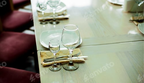 Preview: Row Of Wine Glasses.Wine Tasting.Glasses On The Table In The Restaurant, A Fork, A Spoon, A Knife