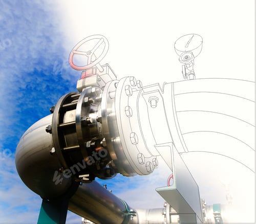 Preview: Wireframe Computer Cad Design Of Pipelines And Valves Against Blue Sky