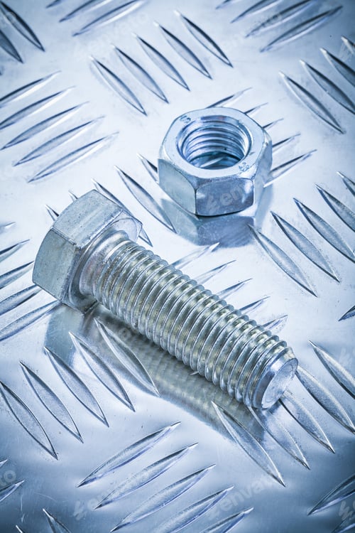 Preview: Screwbolt Threaded Screw-Nut On Corrugated Metal Plate Construction Concept.