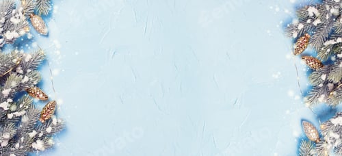 Preview: Banner With Gold Pine Cones And Branches Fur Tree On Blue Textured Background. Decorative Christmas