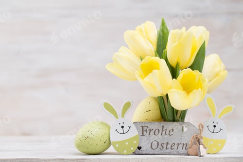 Preview: Yellow Tulips, Spring Flowers And Easter Decoration.