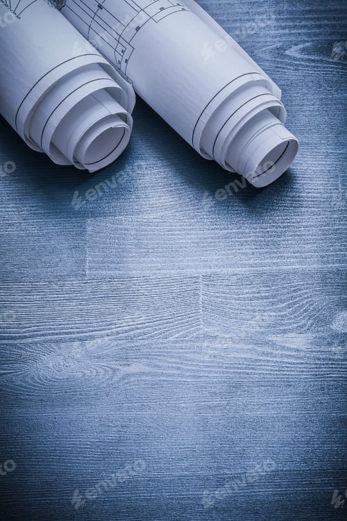 Preview: Vertical View Copyspace Image White Rolled Blueprints.