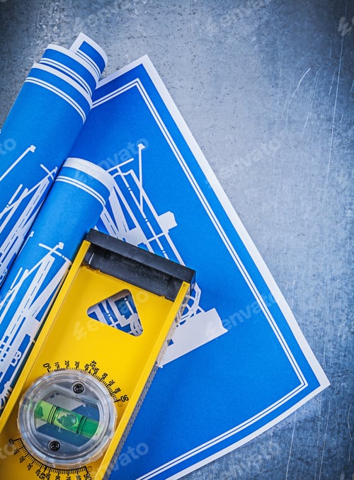 Preview: Blue Blueprints Yellow Construction Level On Metallic Background.