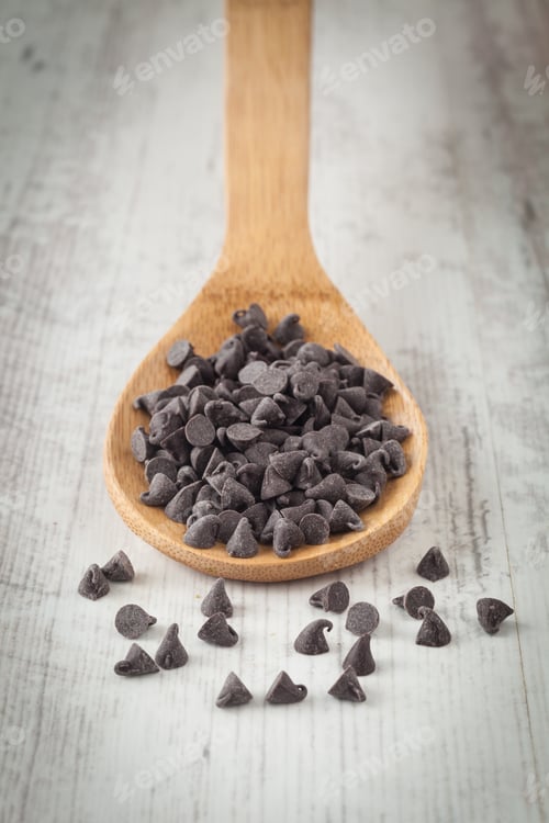 Preview: Small Dark Chocolate Chips On A Wooden Spoon
