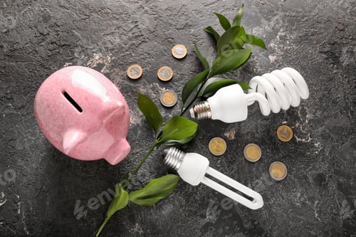 Preview: Piggy Bank With Coins And Light Bulbs On Dark Background. Concept Of Saving Energy